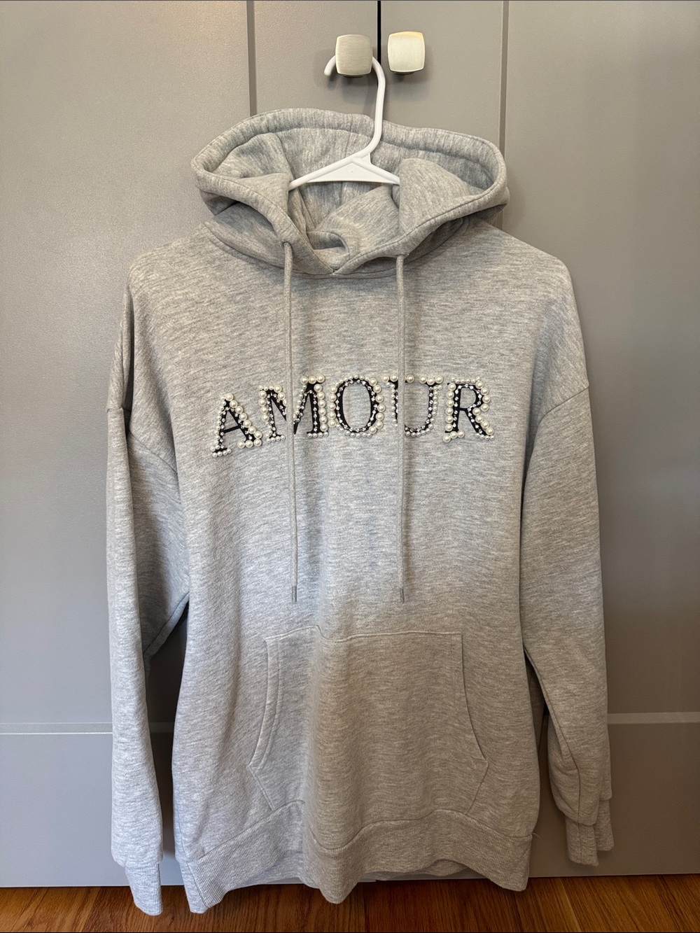 Forever 21 Gray 'AMOUR' Pearl-Embellished Hoodie